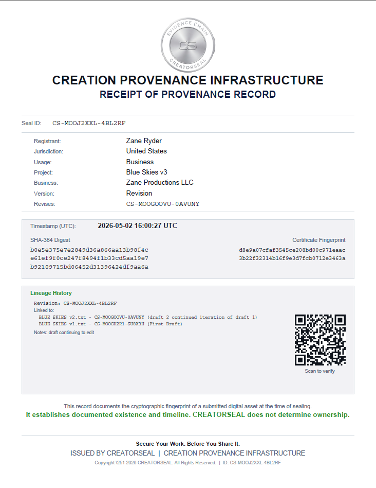 CREATORSEAL™ Receipt of Provenance Record — sample certificate