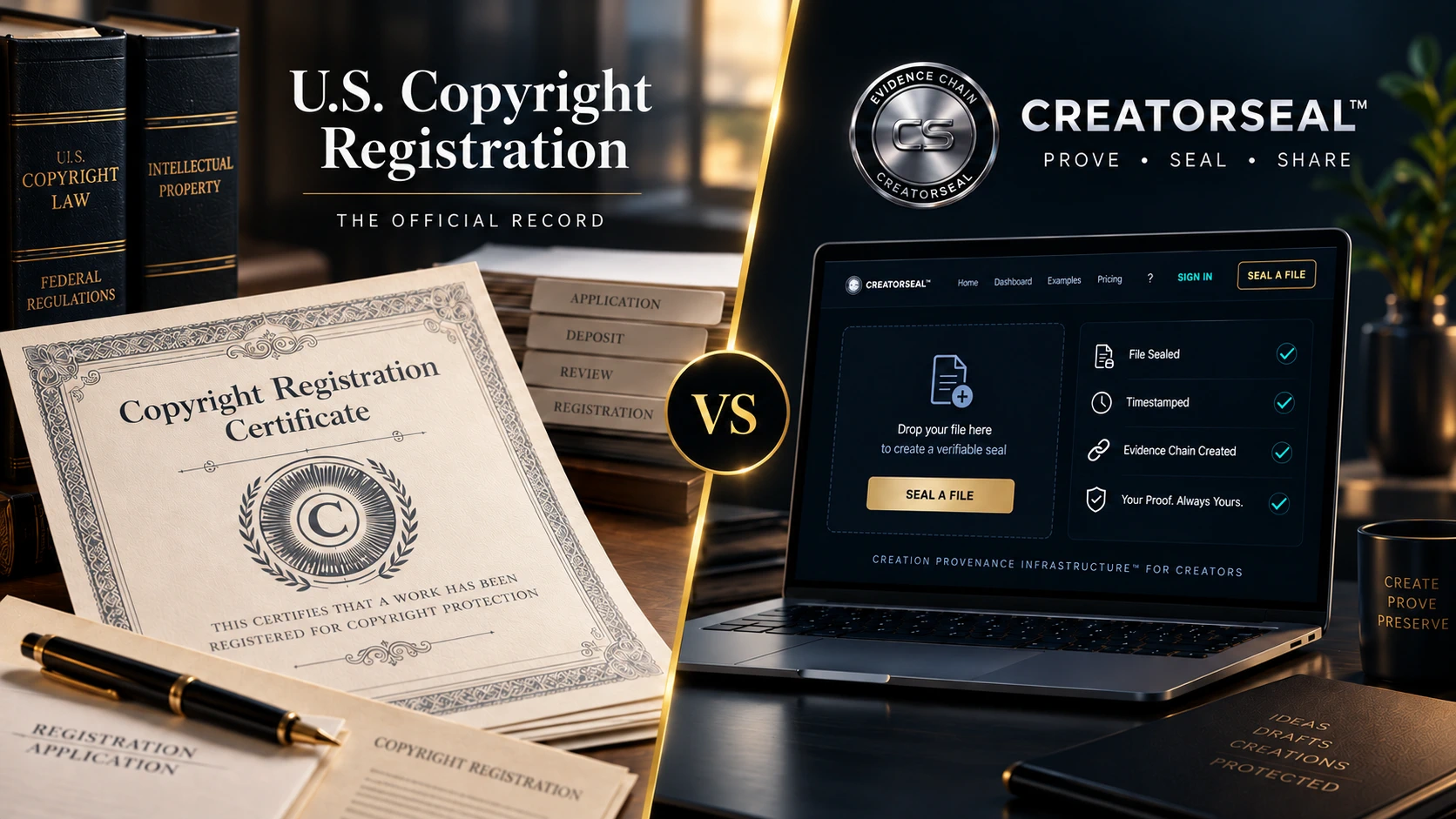 Split comparison: a copyright registration certificate and application paperwork on one side, and a laptop showing the CREATORSEAL file-sealing screen on the other.