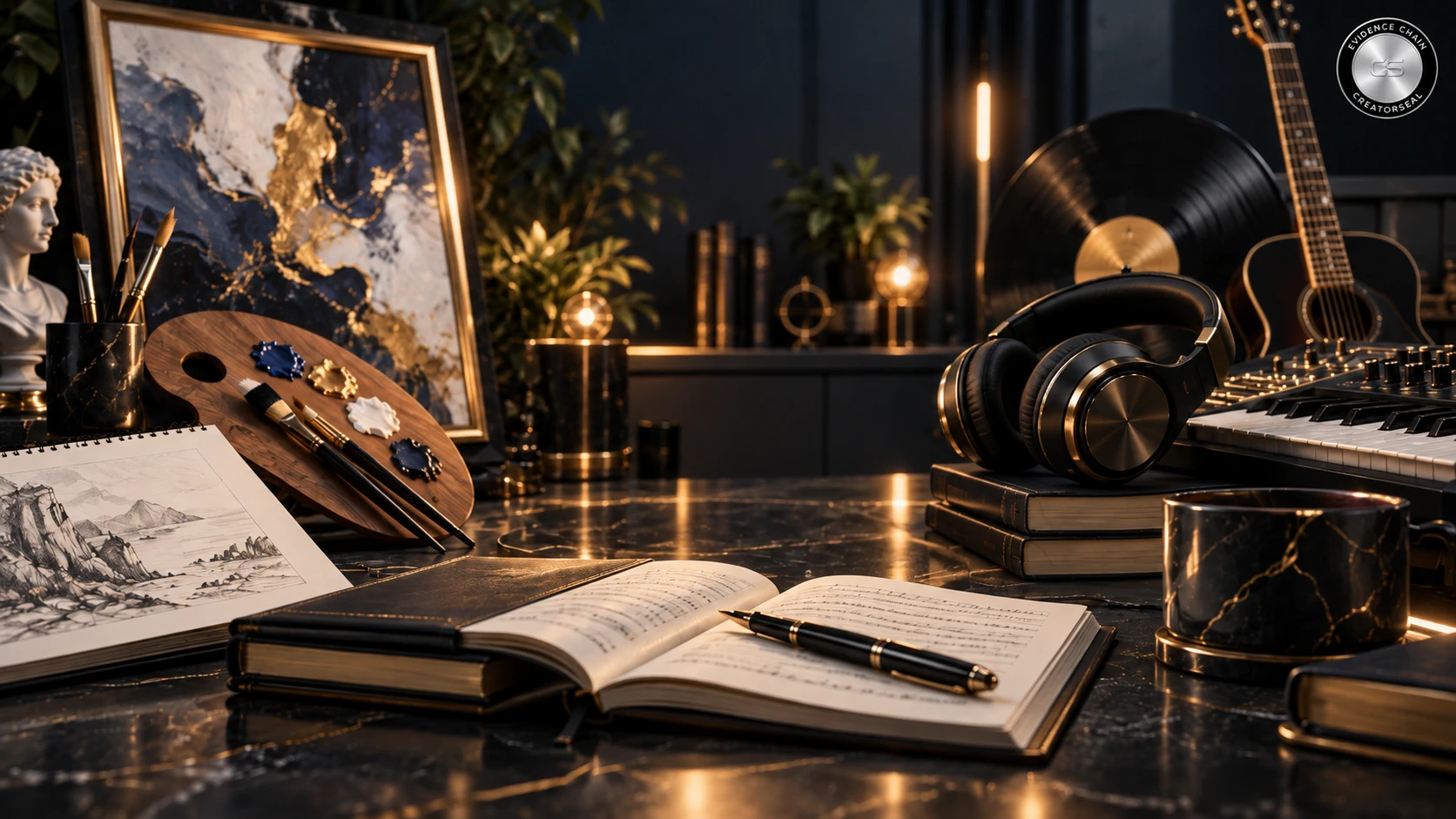 A studio desk holding an open music manuscript and pen, a sketchbook, a paint palette, headphones, a vinyl record and a guitar.