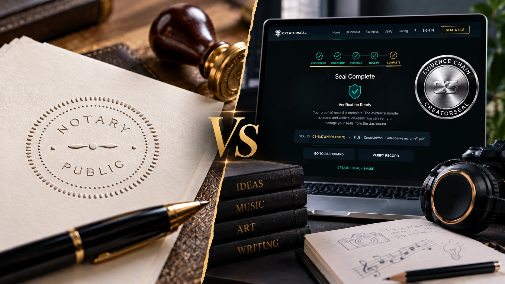 Split comparison: an embossed notary public seal on paper beside a brass stamp, and a laptop showing a completed CREATORSEAL proof record.