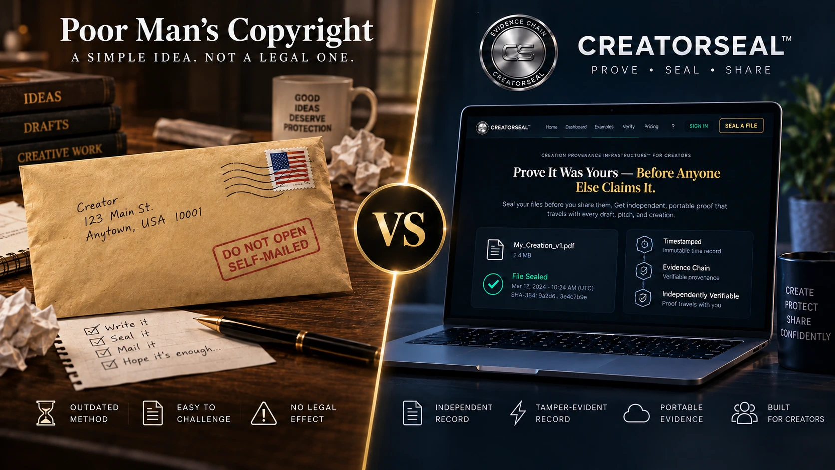 Split comparison: a self-addressed envelope stamped Do Not Open on one side, and a laptop showing a sealed file with its timestamp and SHA-384 fingerprint on the other.